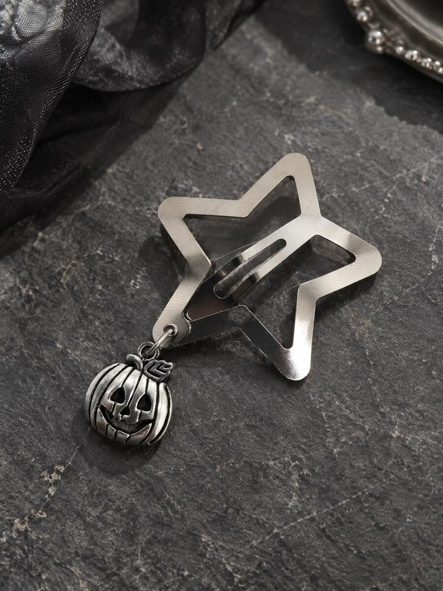 1pc Silver Star Skull Charm Hair Clip, Y2K Gothic Punk Dangling Hair Accessory - Pumpkin Head - View 1