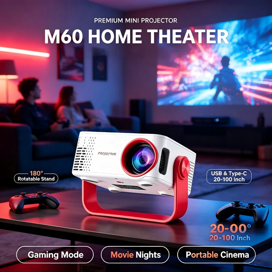 Proyector Mini M60, Soporta Resolución 1080P, WiFi 2.4G, Equipado con Interfaces USB y Tipo-C, Proyector Portátil para el Hogar, Tamaño de Proyección de 20 a 100 Pulgadas