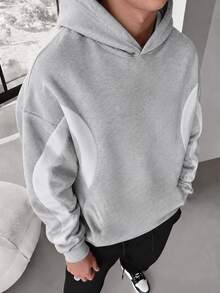 FRACTYR Men's Curved Color Block & Curved Line Pattern Patchwork Sweatshirt, Retro Sporty Loose Casual Pullover - Dark Grey - View 2