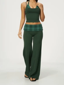 Bohemian Style Women's Halter Neck Crop Top & Wide Leg Pants Set, High Elasticity Plaid Detail Sexy Autumn Two Pieces Outfit - Dark Green - View 4