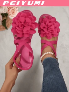 PEIYUMI Summer DIY Flower Decor Cross-Strap Women Sandals, Beach Casual Party - Hot Pink - View 2