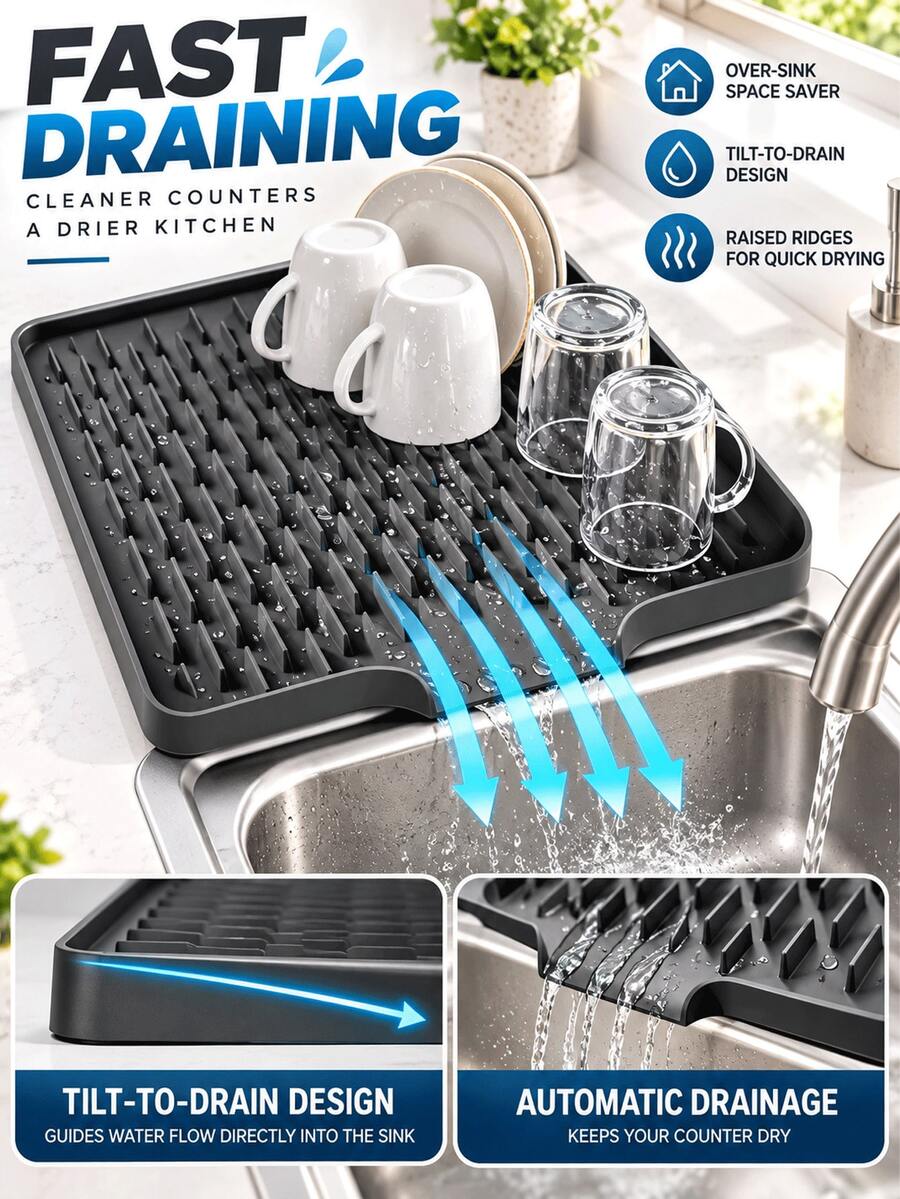 1 buah Alas Pengeringan Dapur Silikon Anti Selip Ukuran Besar untuk Wastafel & Meja Dapur, Desain Pengeringan Terintegrasi, Rak Pengeringan Piring & Penyimpanan Hemat Ruang, Mudah Dibersihkan, Cocok untuk Kompor & Wastafel, Penggunaan Dapur Modern, Desain Minimalis, Permukaan Anti Selip, Alas Pelindung Meja Dapur