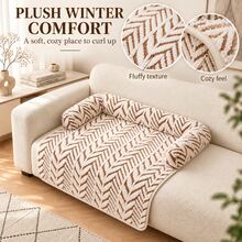 1 miếng đệm sofa thú cưng mùa đông bằng lông mềm ấm áp với gối tựa ba mặt và vạt trước kéo dài, họa tiết kim cương màu kem và nâu - Nhiều màu - Xem 4