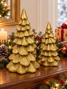 1PC Gold Resin Christmas Tree Tabletop Decor, Textured Holiday Ornament For Mantel, Shelf, Entryway And Living Room, Christmas Gift - Multicolor - View 1