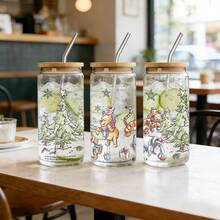 Disney Winnie The Pooh Christmas Glass Tumbler With Bamboo Lid & Straw, Iced Coffee Cup Holiday Gift - Winnie - View 2