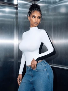 Women Casual Contrast Color High Neck Slim Fit Long Sleeve T-Shirt For Daily Fall/Winter,White Front,Black Back,Fall Winter Clothes,Winter Fall Outfit - White + Black - View 5