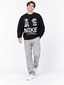 Sweatshirt Lengan Panjang Gaya Preppy dengan Logo Nike dan Tulisan Huruf Besar, Pria, Hitam - Hitam - View 4