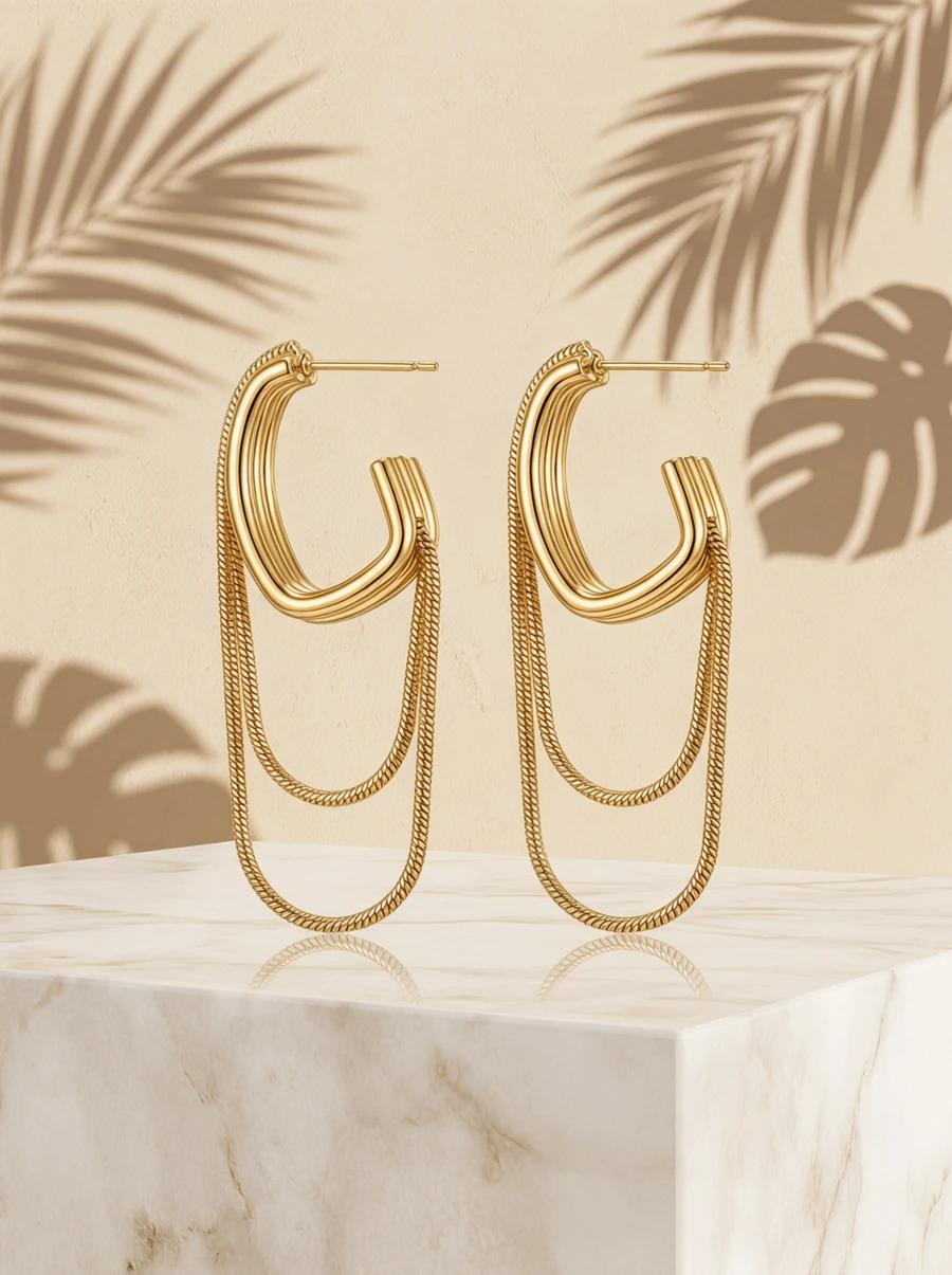 CAJUNI 1pair Fashionable Multilayer Circle Chain & Tassel Personalized Earrings Suitable For Daily Commute For Women - Gold - View 1