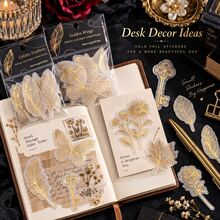 Golden Promise Series Gold Foil Vellum Sticker Pack, INS Style Creative Plant, Floral, Feather Scrapbook Material Stickers, DIY Decorative Stickers - Multicolor - View 9