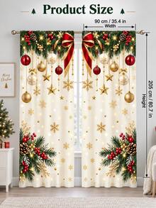 2pcs Christmas Printed Curtains, Festive Spandex Window Panels With Red Bow, Pine Garland, Ornament, Star And Snowflake Pattern, Light Filtering Rod Pocket Drapes For Living Room, Study, New Year Winter Decor - A - View 10