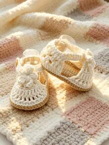 1 Pair Crochet Infant Booties, Beige With Floral Design, Handmade Espadrille Style - White - View 5