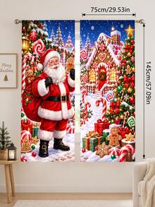 2pcs Christmas Printed Curtains, Festive Spandex Window Panels With Red Bow, Pine Garland, Ornament, Star And Snowflake Pattern, Light Filtering Rod Pocket Drapes For Living Room, Study, New Year Winter Decor - A - View 11