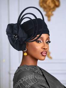 1pc Women Elegant African Gele Turban Hat, Rhinestone Large Flower & Curly Loop Decor Pre-Tied Headwrap, Solid Color Church Party Wedding Statement - A - View 17