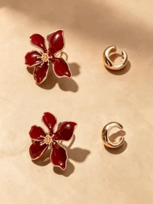 4pcs French Vintage Burgundy Floral Ear Clips, Asymmetrical Crescent Moon Non-Pierced Earrings, Autumn/Winter High-End Brightening Effect, Red Floral Studs And C-Shaped Polished Ear Clips, Vintage Minimalist Fashion Jewelry Set, Suitable For Daily Wear, Party, Gift Giving - Yellow Gold - View 1