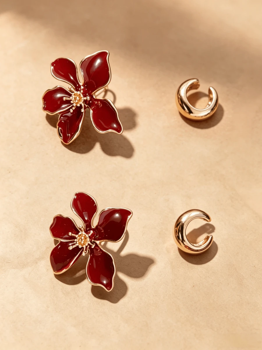 4pcs French Vintage Burgundy Floral Ear Clips, Asymmetrical Crescent Moon Non-Pierced Earrings, Autumn/Winter High-End Brightening Effect, Red Floral Studs And C-Shaped Polished Ear Clips, Vintage Minimalist Fashion Jewelry Set, Suitable For Daily Wear, Party, Gift Giving - Yellow Gold - View 1