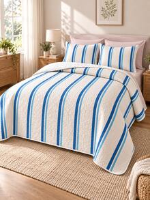 Set Sprei Quilted Motif Garis Ganda Biru Tua 3pcs (1 Sprei, 2 Sarung Bantal, Isian Bantal Tidak Termasuk) Nyaman dan Bernapas, Cocok untuk Semua Musim, Hadiah Liburan, Cocok untuk Hotel, Penginapan, Kamar Tidur, Sprei Ultra Lembut, Bernapas, dan Menyerap Kelembapan - MultiWarna - View 1