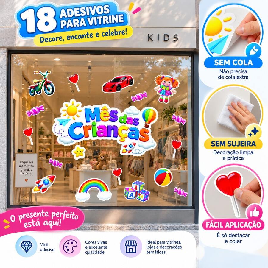 Adesivo Dia das Crianças Para Vitrine Loja Decorativo - mês das crianças - Visão 1