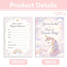 12Pcs Rainbow Unicorn Birthday Party Invitations, Perfect For Birthday Parties, Cute Unicorn Invitations, Rainbow Unicorn Invitations - Multicolor - View 7