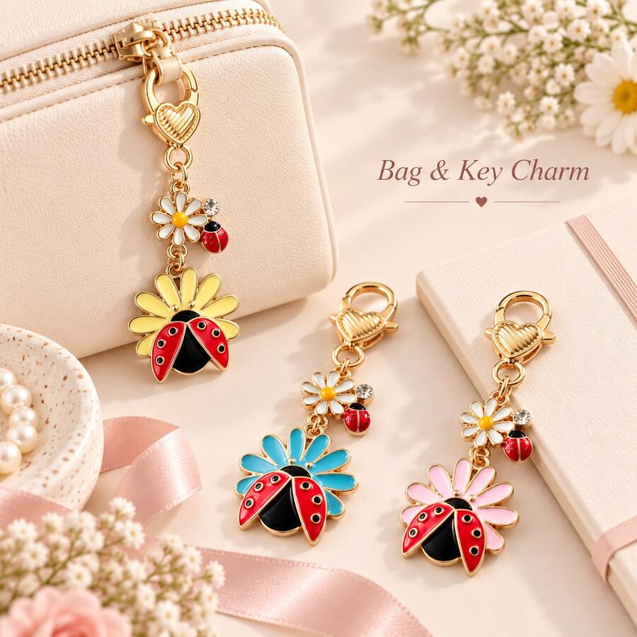 Cute Flower Ladybug Bag Charm Keychain, Enamel Floral Pendant With Heart-Shaped Clasp, Fashion Accessory For Women's Handbags And Backpacks - Quantity - View 1
