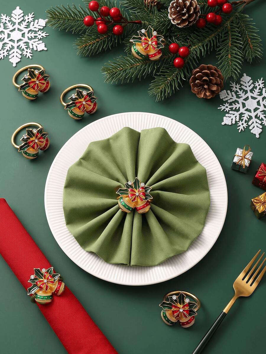 1-12pcs Red & Green Enamel Rhinestone Double Bell Napkin Rings, Vintage Luxurious Alloy Gold-Plated Bow & Holly Leaf Napkin Holders, Christmas Table Party Decor - Multicolor - View 1