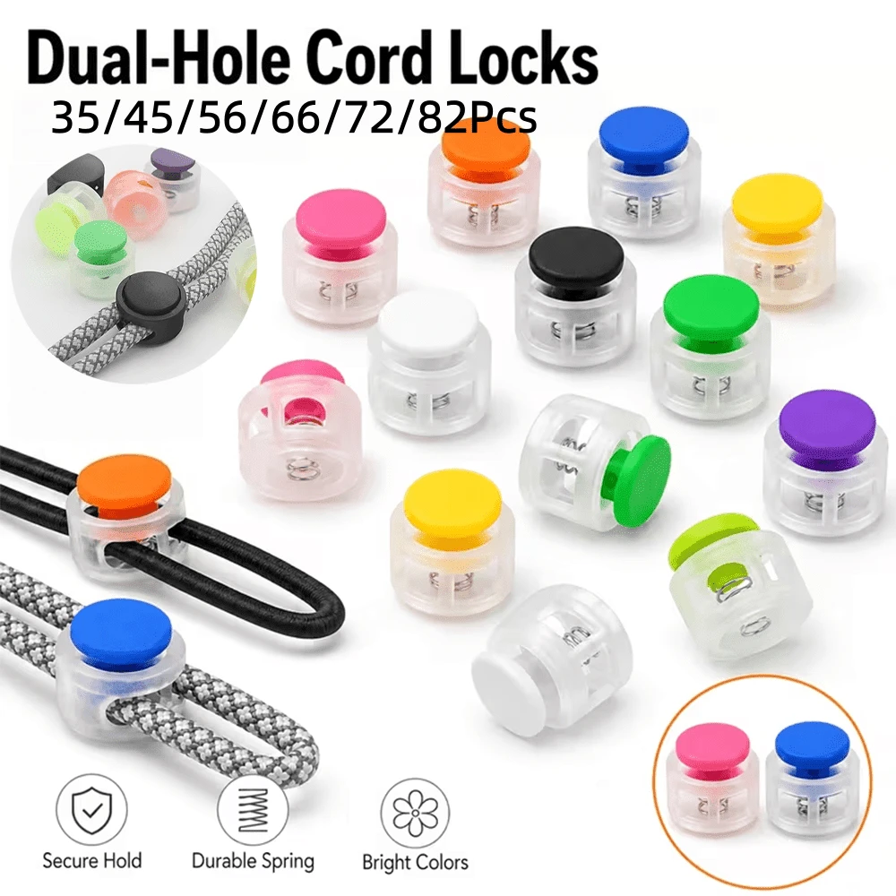 35/45/56/66/72/82Pcs Plastic Spring Buckle, Round Hole Cylinder Drawstring Stopper, Colorful Plastic Nylon Spring Buckle, No-Tie Shoelace Buckle Fastener, Shoelace Fixing Adjustment Buckle, Random Color