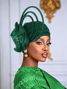 1pc Women Elegant African Gele Turban Hat, Rhinestone Large Flower & Curly Loop Decor Pre-Tied Headwrap, Solid Color Church Party Wedding Statement - A - View 11