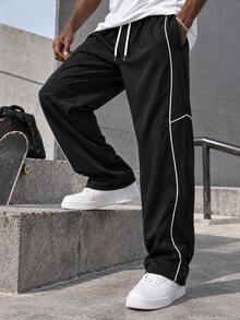 1pc Men's Black Wide Leg Pants, Black Base With White Contrast Line Design, Smooth Drape Fabric, Wrinkle-Resistant And Easy Care, Dual Side Practical Pockets, Machine Washable, Sporty Casual, American Street Style, Versatile Daily Commute Wide Leg Pants - Black - View 3