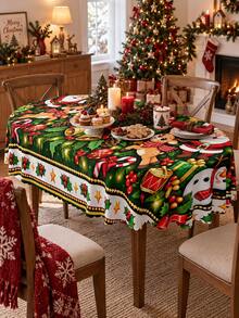 Cartoon Santa Claus Snowman Reindeer Gift Rectangular Tablecloth, Festive Red Green Gold Color Polyester Tablecloth, Candy Cane Bell Bow Holly Pattern, Suitable For Family Dining Room Kitchen Christmas Gathering, Children's Party And Holiday Home Decor - Multicolor - View 2