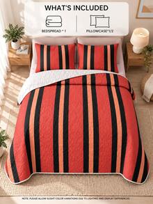 3pcs Red And White Striped Quilted Bedding Set (Bedspread*1, Pillowcases*2, Pillow Inserts Not Included) Breathable And Comfortable, Suitable For All Seasons, Holiday Gift, Ideal For Hotels, Inns, Bedrooms, Ultra-Soft Breathable And Sweat-Absorbent Bedding - Multicolor - View 4