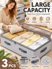 1/3pcs Large Capacity Underbed Storage Bags, Dust-Proof Foldable Clothes Storage Box With Transparent Window And Sturdy Handle, Striped Design, Suitable For Seasonal Clothing, Blankets, Bedroom Closet, College Dorm, Moving, Back To School And Home Storage Essentials - Stripe Pattern - View 1