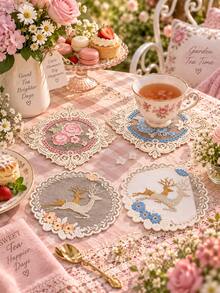 4 buah Tatakan Gelas Renda Vintage, Alas Minuman Motif Bunga & Rusa Bordir, Dekorasi Meja Kopi Teh Rumah yang Elegan dan Romantis - MultiWarna - View 3