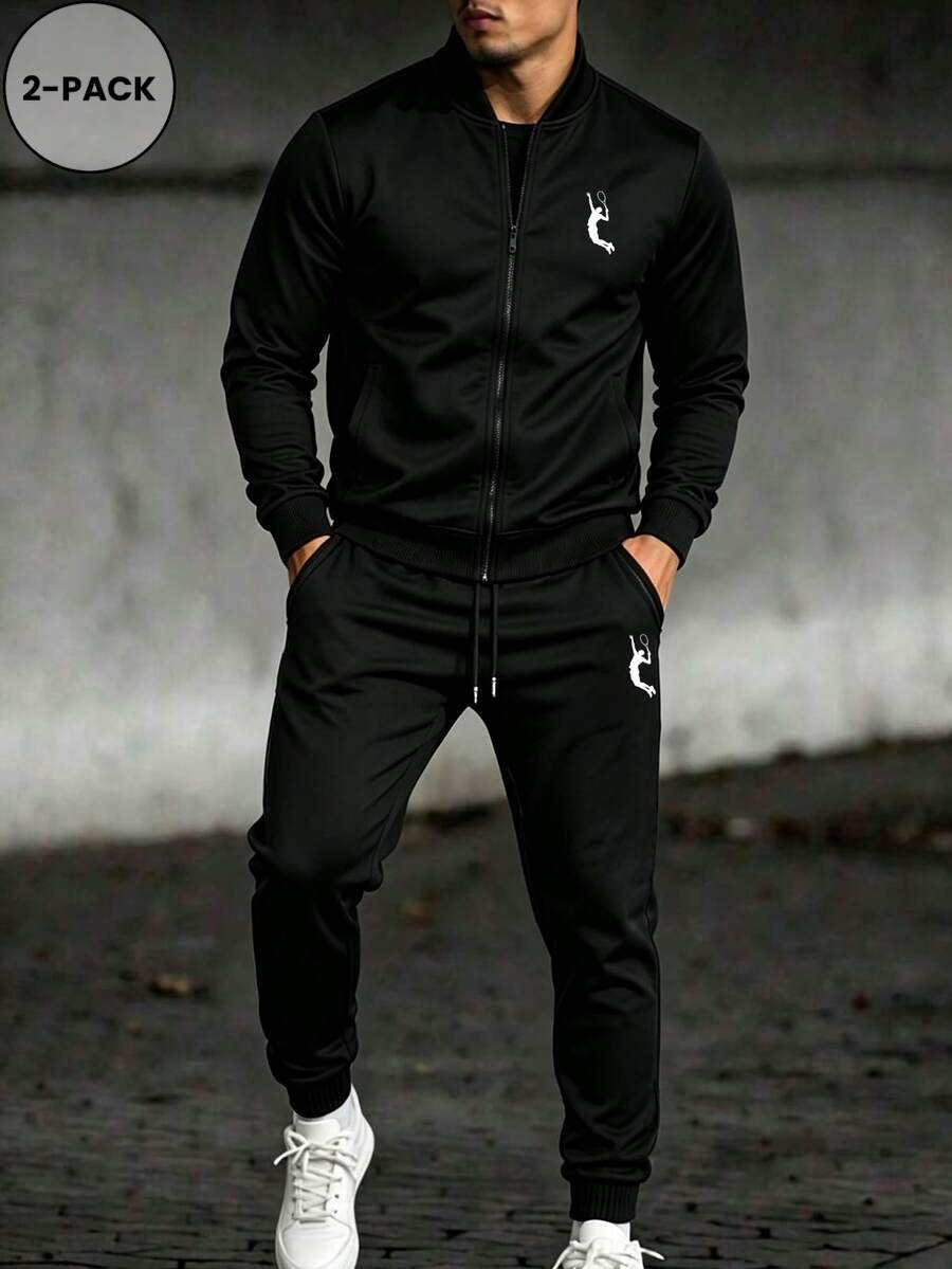 Multi-Piece Men's Indoor Gym Workout Set Autumn/Winter Outdoor Exercise, Running, Hiking, Trekking Suitable Jacket + Sports Pants Multi-Piece XXS-XXXL - Black - View 1