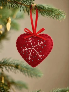 Ornamen Natal dari Kain Felt Bordir Tangan, Bentuk Kepingan Salju Putih, Hati Merah, Pohon Hijau, dan Bintang, Liontin Gantung dari Kain dengan Pita untuk Pohon Natal, Dekorasi Rumah dan Pesta Liburan yang Nyaman dan Bergaya Pedesaan - beraneka warna - View 6