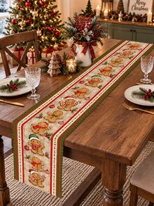 1pc Christmas Table Runner, Cute Gingerbread Man With Christmas Hat Print, American Country Winter Holiday Table Runner, Dining Table Christmas Decoration - Multicolor - View 1