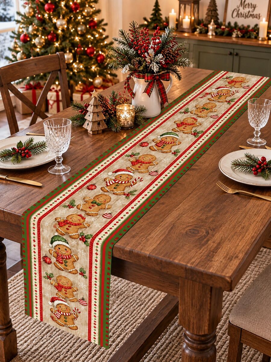 1pc Christmas Table Runner, Cute Gingerbread Man With Christmas Hat Print, American Country Winter Holiday Table Runner, Dining Table Christmas Decoration - Multicolor - View 1