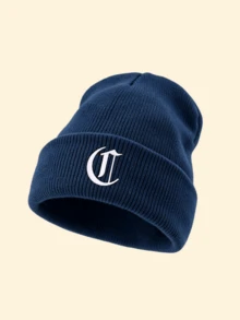 1pc Unisex Outdoor Warm Solid Color Ribbed Knitted Beanie Hat With Gothic A‑Z Letter Print,Edgy Cozy Versatile Fall Winter Headwear For Concert Events - Navy Blue - View 23