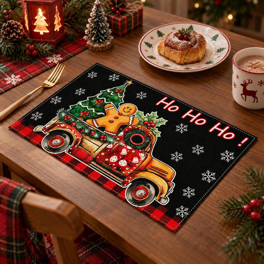 1pc/4pcs/6pcs/8pcs, Christmas, Car Gingerbread Man, Christmas Tree Pattern Suitable For Dining Table, Breakfast Mat, Coffee Bar, All-Season Decoration, Washable Table Mat, Room Decor, Kitchen Dining Table Mat, Indoor/Outdoor Party Decor, Home Decor, Ideal Gift