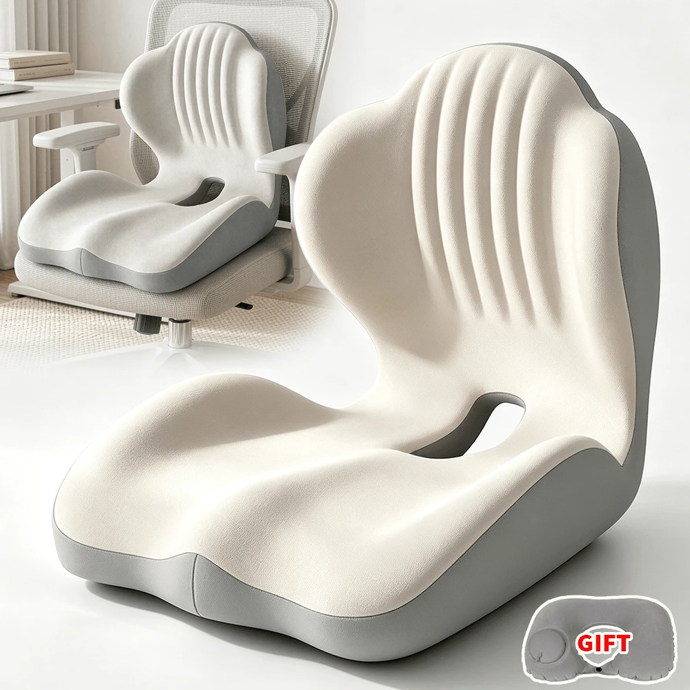 Ergonomic Memory Foam Seat Cushion | Lumbar And Back Support, Suitable For Office, Chair, Car Seat, Perfect Gift For Parents And Friends, Lightweight, Portable(With Inflatable Neck Pillow) - Beige - View 1