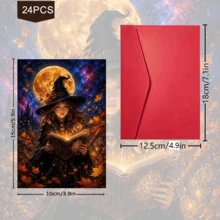 24張+A 紅包神秘迷人萬聖節明信片,女巫與南瓜月光場景,附「Happy Halloween」文字,適合送給朋友,秋季節慶藝術風格 - 套裝 - 查看 3