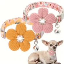 1pc Floral Dog Collar With 3D Flower Charm And Detachable Bell - Suitable For Small Dogs And Cats, Pink & White Pattern Soft Adjustable Polyester Pet Collar, Cute Pet Accessory - Multicolor - View 5