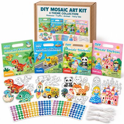 Kit de manualidades de mosaico DIY para niños, 3+ años, 40 proyectos, 4 temas, incluye pegatinas de formas, tablero para colorear y cuerda para colgar