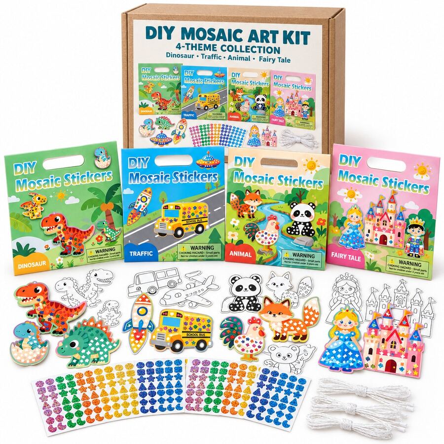 Children's DIY Mosaic Sticker Craft Kit, 3+ Years, 40 Projects, 4 Themes, Includes Shape Stickers, Coloring Board And Hanging Rope