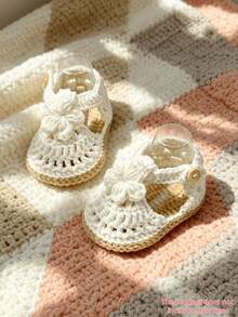1 Pair Crochet Infant Booties, Beige With Floral Design, Handmade Espadrille Style - White - View 2