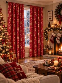 2pcs Red & Gold Christmas Curtains, Bell Tree Snowflake Decorative Pattern Holiday Curtains, Room Decor, Bedroom Decor, Home Decor, Christmas Decor, Christmas Home Decor, Living Room Christmas House Decor - C - View 6