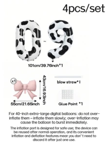 4pcs Set 40 Inch Cow Print Number Balloons 0-9, 21 Inch Matte Light Pink Bow Foil Balloons, Farm Barn Cow Theme Birthday Party Decoration, Animal Theme Baby Shower Photo Backdrop Party Supplies - Black and White Cow Print - View 10