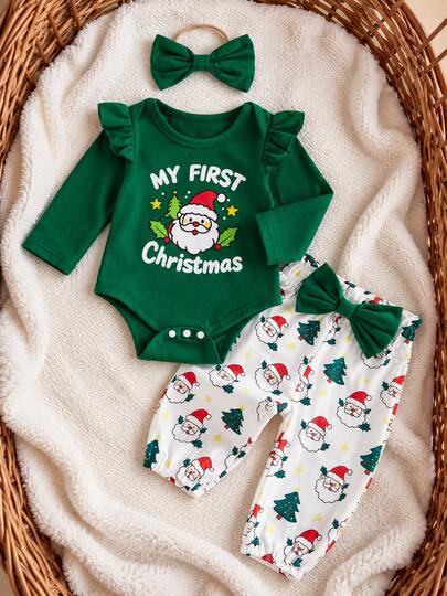 Baby Girl 3pcs Ruffle Long Sleeve "MY FIRST Christmas" Print Bodysuit & Santa Tree Print Pants & Bow Headband, Cute Holiday Outfit