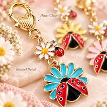 Cute Flower Ladybug Bag Charm Keychain, Enamel Floral Pendant With Heart-Shaped Clasp, Fashion Accessory For Women's Handbags And Backpacks - Quantity - View 5