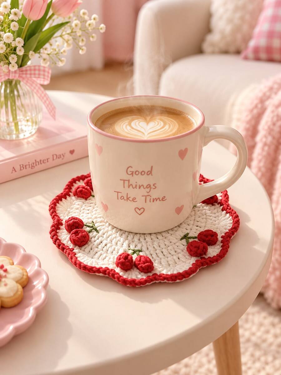 1 Buah Alas Gelas Rajutan Tangan 3D Motif Ceri dengan Tepi Bergelombang, Tahan Panas, Anti Selip, Dapat Digunakan Kembali, Alas Cangkir Kopi/Teh Buah Lucu, Dekorasi Meja Makan Dapur Rumah Musim Gugur yang Estetis, Hadiah Liburan untuk Natal, Thanksgiving & Penggunaan Sehari-hari. Dekorasi Ruangan