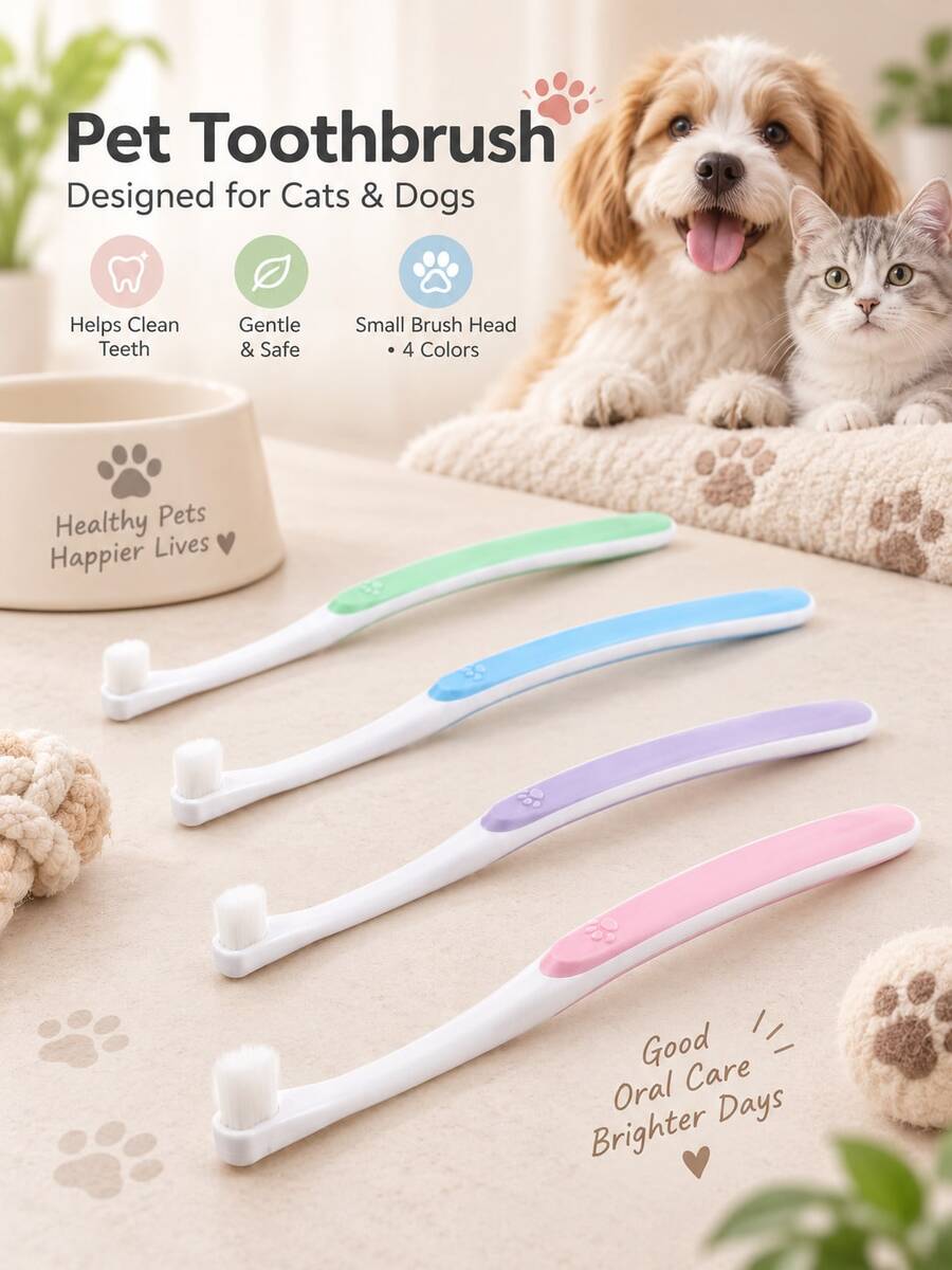 1pc Pet Toothbrush, Compact Pet-Specific Brush Head, Multi-Color Long Handle, Suitable For Dog And Cat Daily Brushing And Cleaning, Oral Care And Dental Hygiene, Puppy And Kitten Small Pet Grooming Accessory - Multicolor - View 1