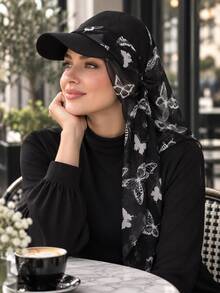 Women Floral Printed Hijab Cap With Brim, Lightweight Chiffon Turban Hat, Sun Protection Baseball Style Headscarf For Daily Outdoor - Multicolor - View 2